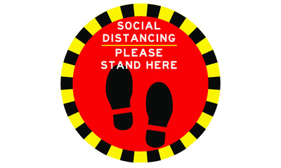 Social Distancing Please stand here sign for covid 19 with black foot prints and yellow and black cation tape floor stamp for public places, shopping centers, shops, hospitals, workplaces vector.