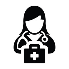 Doctor icon vector female person profile avatar with Stethoscope and first aid kit bag for Medical Consultation in Glyph Pictogram illustration