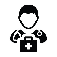 Health icon vector male doctor person profile avatar with Stethoscope and first aid kit bag for Medical Consultation in Glyph Pictogram illustration