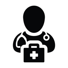 Medical icon vector male doctor person profile avatar with Stethoscope and first aid kit bag for Consultation in Glyph Pictogram illustration