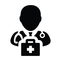 Healthcare icon vector male doctor person profile avatar with Stethoscope and first aid kit bag for Medical Consultation in Glyph Pictogram illustration