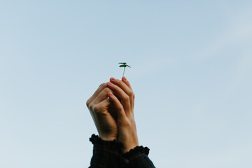 Faceless female with green shamrock leaf on background of blue cloudless sky