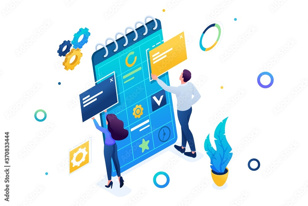 Poster young team of entrepreneurs is working on the creation of a business plan. 3d isometric. concept for