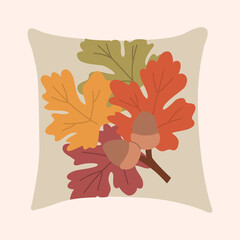 Autumn pillow with oak leaves and acorns. Autumn mood.Vector hand drawn illustration.