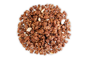 Chocolate nuts oatmeal granola on a white isolated background