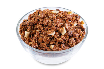 Chocolate nuts oatmeal granola on a white isolated background
