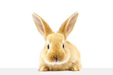 Ginger rabbit peeks out at the banner. Photo of a fluffy pet on a white background. Soft focus. Close up