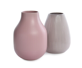 Stylish empty ceramic vases isolated on white