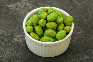 Spicy wasabi peanuts in the bowl