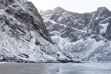 A snowy Kvalvika beach in Lofoten. 