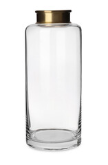 Stylish empty glass vase isolated on white