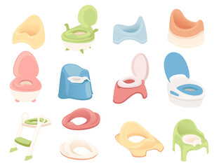 Fototapeta na wymiar Set of colored plastic potty for children flat vector illustration isolated on white background