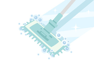 Cleaning home plastic mop wipe on floor with chemical water and bubbles flat vector illustration on white background