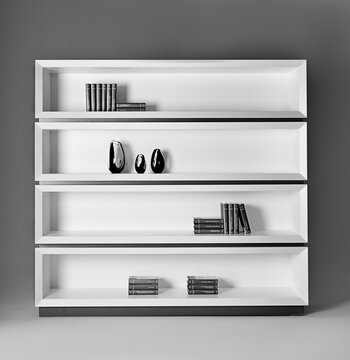 Black and white bookcase in minimal style with creative vases and books on shelves placed on gray background in studio