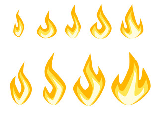 Set of fire icons different fire power ready for animation sprites flat vector illustration isolated on white background