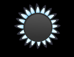 Top view on gas stove burner gas blue flame flat vector illustration on black background