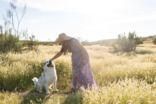 Delighted female in summer dress and straw hat relaxing on meadow with Alaskan Malamute and looking at camera