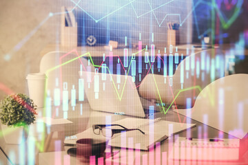 Multi exposure of stock market chart drawing and office interior background. Concept of financial analysis.