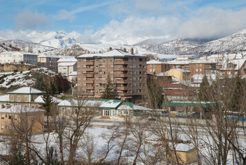 City of Sabiñanigo and mountains after a snowfall. Huesca. Aragon. Spain.