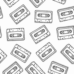 Black white cassette cartoon seamless pattern