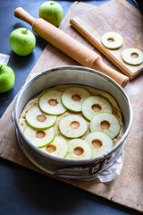 Apple pie sweet dessert pastries biscuit fruit natural product ingredient organic healthy eating top view place for text copy space