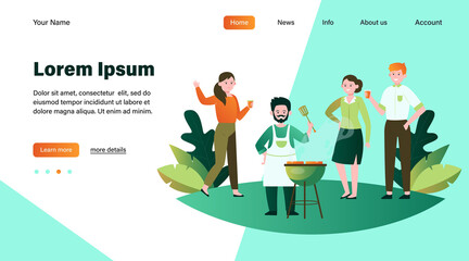 Happy friends enjoying barbecue party. Man in apron with spatula grilling meat outdoors flat vector illustration. Leisure, summer, food concept for banner, website design or landing web page
