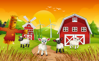 Farm scene in nature with barn and scarecrow and sheeps