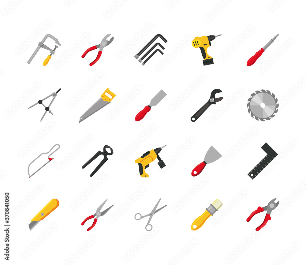 Poster bundle of twenty tools set collection icons
