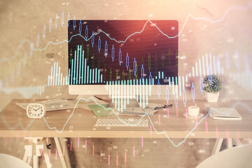 Multi exposure of financial graph drawing and office interior background. Concept of market analysis.