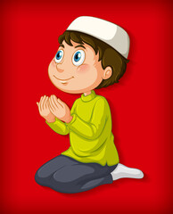 Fototapeta na wymiar Muslim boy praying on colour gradient background