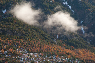 Añisclo Valley with clouds in the Ordesa and Monte Perdido National Park. Pyrenees. Huesca. Aragon. Spain.