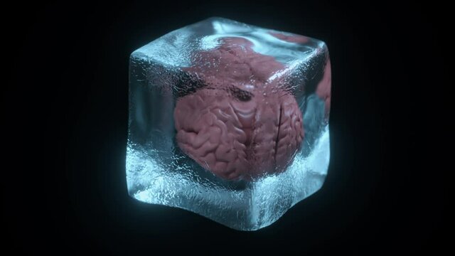 Frozen brain in a rotating ice cube realistic 3D render.