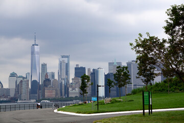 Fototapeta na wymiar Aerial view of downtown Manhattan seen from Governors Island on a cloudy day.
