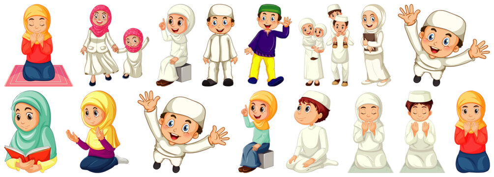 Set of different muslim people cartoon character isolated on white background