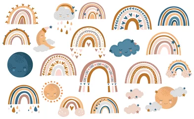 Foto op Plexiglas Naadloos patroon van met de hand getekende herfstregenboog, wolken en regendruppels in honing, gele en bruine kleuren op een witte achtergrond, vectorillustratie © Aleksandra