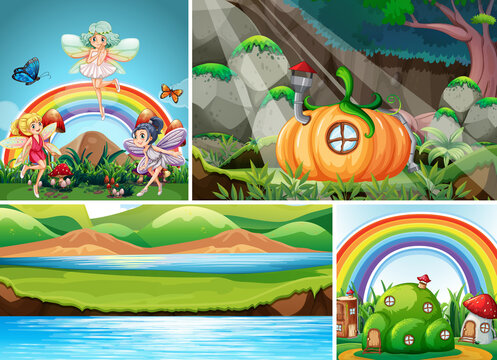 Four different scene of fantasy world with fantasy places and fantasy character such as pumpkin house and fairies