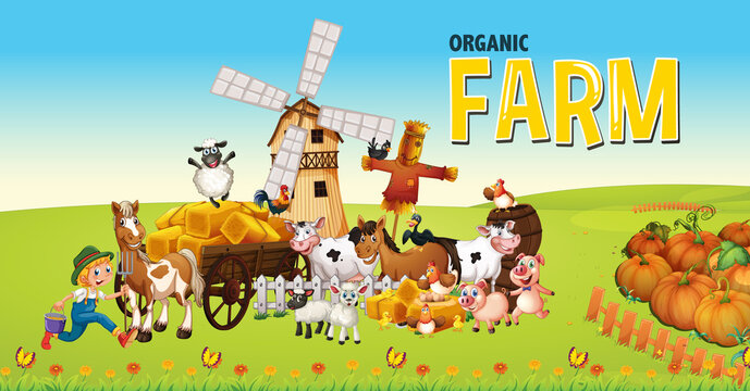 Organic farm logo with animal farm on farm background