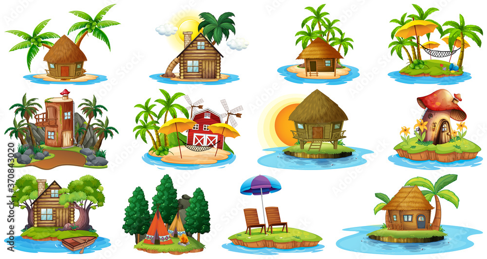 Poster set of different bangalows and island beach theme and amusement park isolated on white background