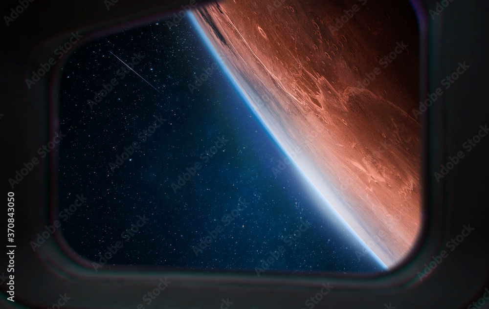 Leinwandbilder Mars surface view from spaceship. Colonization of planet. Solar system. Expedition to red planet. Elements of this image furnished by NASA.	
