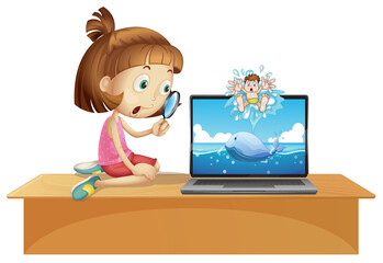 Girl look through magnifying glass to laptop