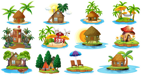 Set of different bangalows and island beach theme and amusement park isolated on white background