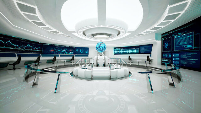 Command center, futuristic interior, 3D rendering, control room, war room