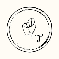 This is a retro image of a letter from the American alphabet in the style of ink drawing. This is a hand gesture for deaf people signifying the letter T.