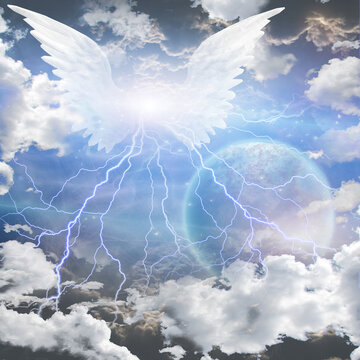 Abstract white angel. Sky clouds with bright lightnings and mystic planet. 3D rendering