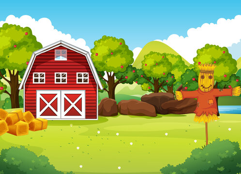 Farm scene in nature with barn and scarecrow