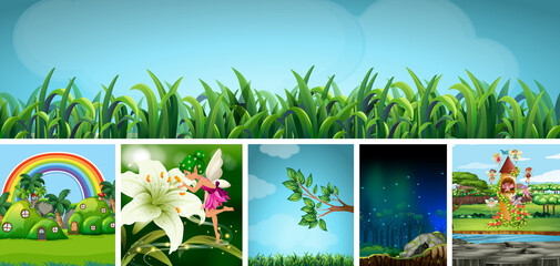 Six different scene of nature fantasy world with beautiful fairies in the fairy tale