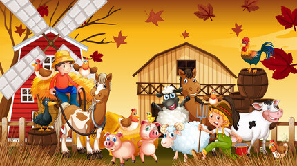 Farm in nature scene with windmill and animal farm in autumn season