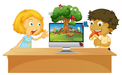 Boy and girl next to computer with insect scene background