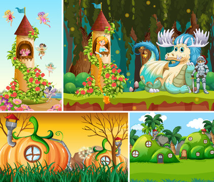 Four different scene of fantasy world with beautiful fairies in the fairy tale and dragon with knight and pumpkin house village
