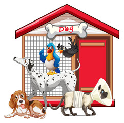 Dog cage with animal group cartoon isolated